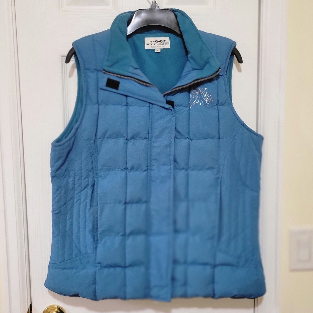 Back In The Saddle Teal Blue Paisley Quilted Puffer Vest Rhinestone Horse Large